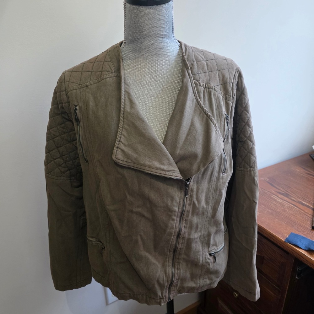 Vintage Y2K 90s Women Olive Cotton Quilted Moto Jacket Asymmetrical Zip Large